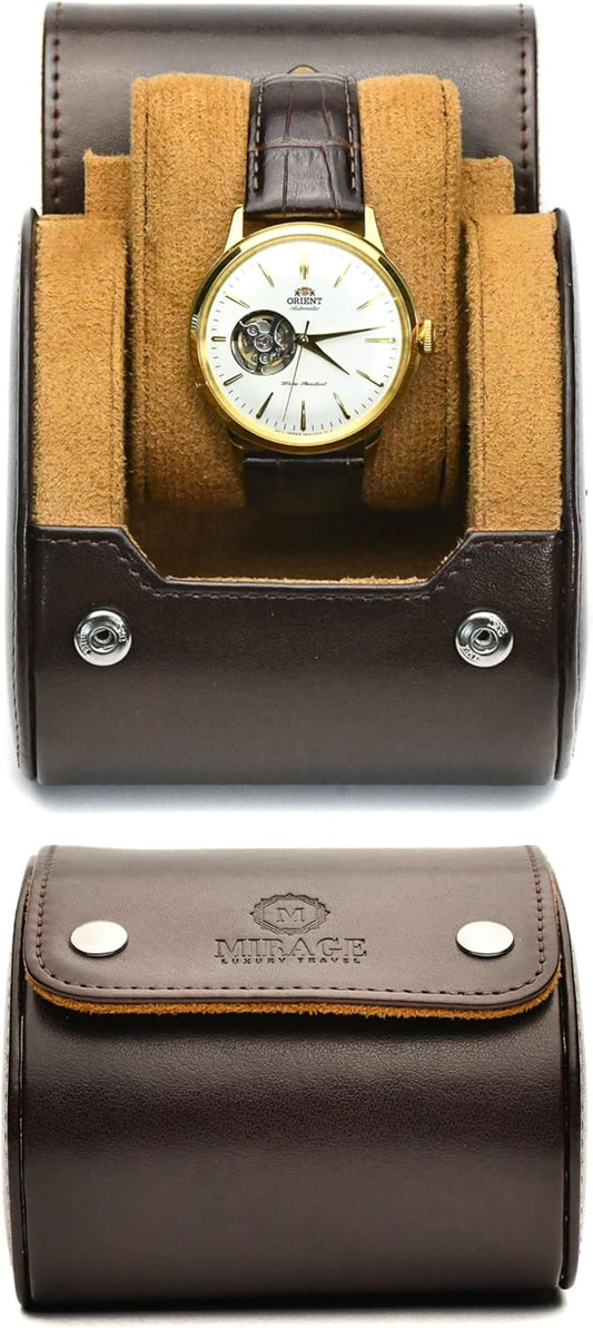 Single Watch Case Travel Box - Watch Travel Case for Men – Single Watch Roll - Espresso Brown Swiss Motif Vegan Leather