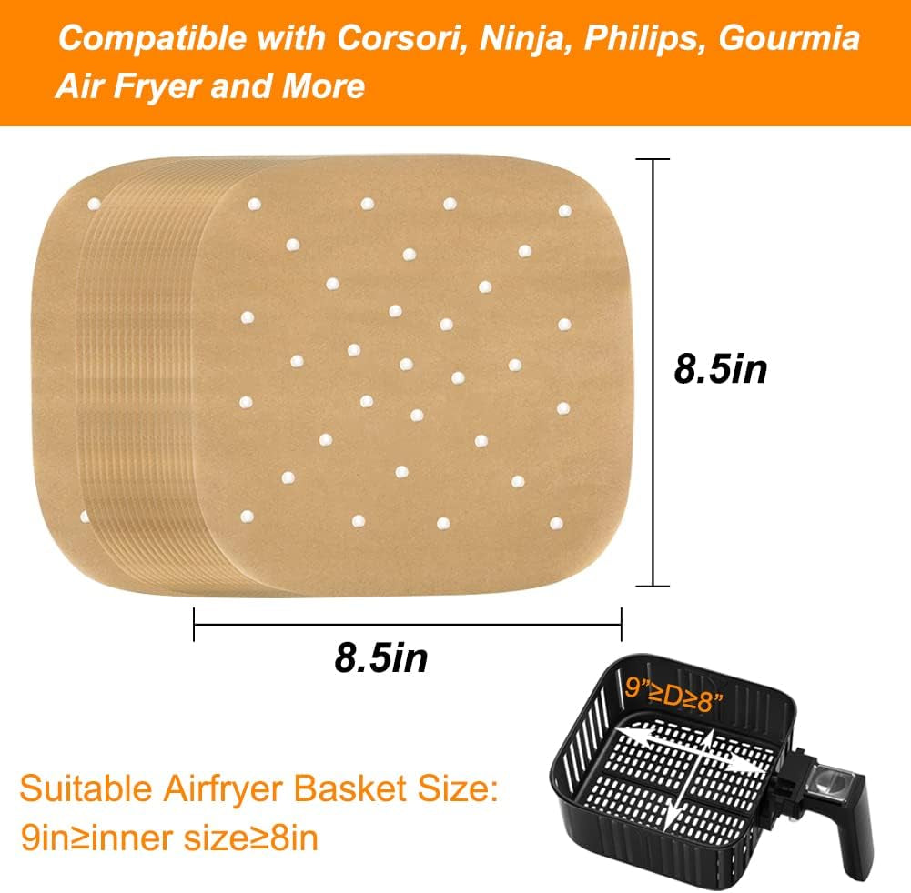 Air Fryer Parchment Paper, Set of 200, 8.5 Inch Unbleached Perforated Square Air Fryer Liner Sheets for Airfryer, Steaming Basket and More(7.5/8.5/9.5In Available)