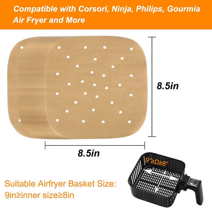 Air Fryer Parchment Paper, Set of 200, 8.5 Inch Unbleached Perforated Square Air Fryer Liner Sheets for Airfryer, Steaming Basket and More(7.5/8.5/9.5In Available)